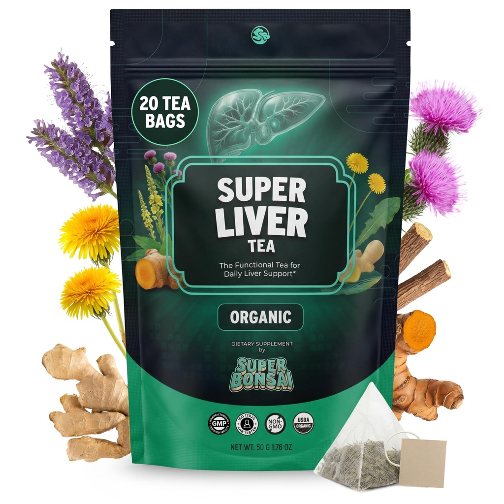 SuperBonsai Organic Liver Detox Tea – Dandelion Root & Milk Thistle Herbal Tea for Liver Support, Digestive Detox & Cleanse – Turmeric, Ginger & Nettle Botanical Blend – 20 Organic Tea Bags