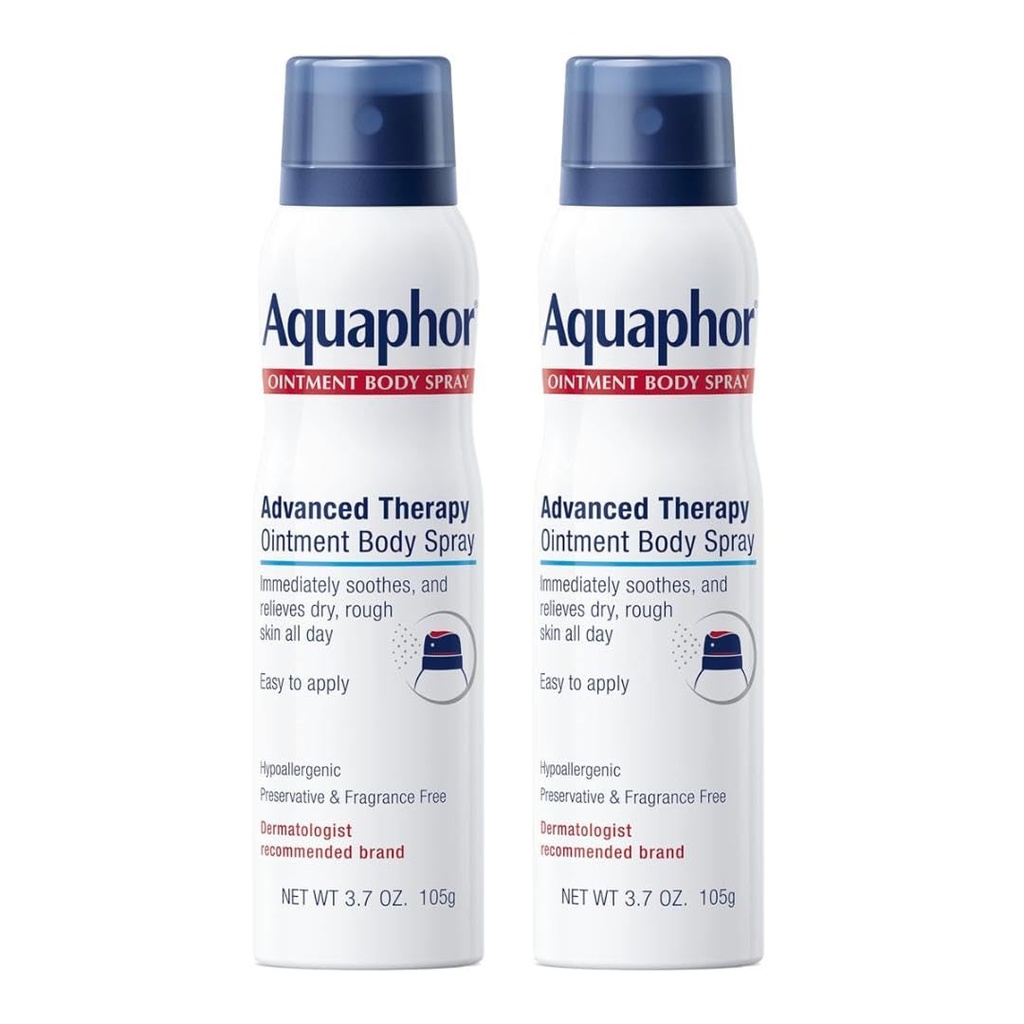 Aquaphor Advanced Therapy Ointment Body Spray, Fragrance Free, Hypoallergenic, Spray Moisturizer for Dry Skin, Moisturizes and Heals Dry, Rough Skin, 3.7 Oz Can (Pack of 2)