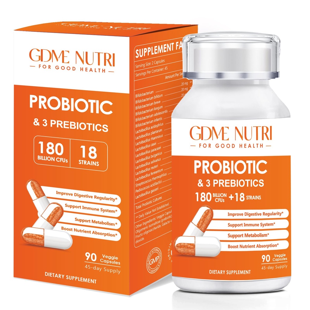 Probiotic Capsules, 90 Capsules 180 Billion CFU 18 Strains, Contains 3 Prebiotics, for Men & Women, Once Daily Probiotic Dietary Supplement, Boosts Digestive and Immune Health