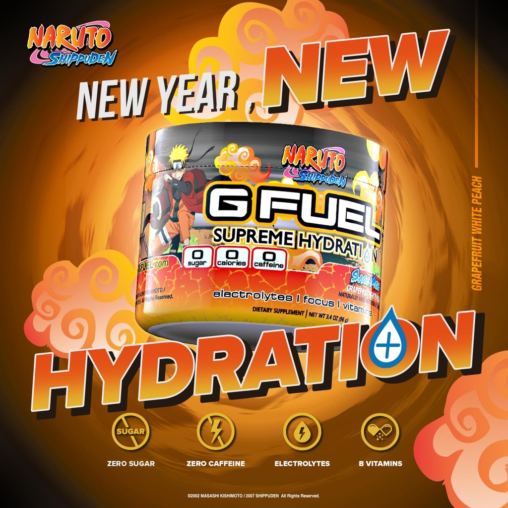 G Fuel Naruto Sage Supreme Hydration, Electrolyte Powder Mix for Energy & Focus, Sugar & Caffeine Free Supplement with Essential Vitamins & Minerals, Grapefruit WhitePeach Flavor, 3.3 oz - 30 Servings