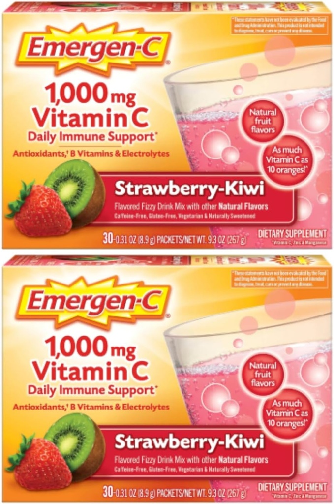 Emergen-C 1000mg Βιταμίνη C σε σκόνη, Φράουλα Kiwi Γεύση, Αντιοξειδωτικά, Β Βιταμίνες και Ηλεκτρολυτικά, Βιταμίνη C Συμπληρώματα για την Ανοσολογική Υποστήριξη, 30 Count (Pack of 2)