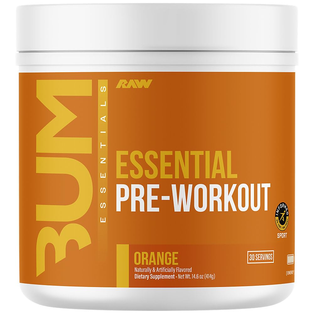 RAW Essential Pre-Workout Powder (Orange) - Chris Bumstead Sports Nutrition Supplement for Men & Women - Preworkout Energy Powder with Caffeine, L-Citrulline, L-Tyrosine, & Beta Alanine Blend
