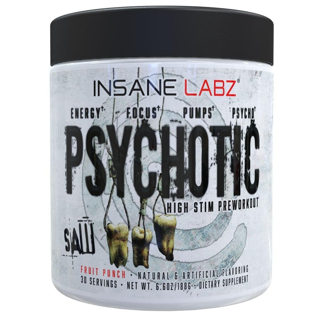 Insane Labz Psychotic Saw, High Stim Pre Workout Powder with OxyGold­™ and AMPiberry®,Extreme Lasting Energy with Teacrine®,Focus with CognitIQ® and Endurance (30 Servings, Fruit Punch)