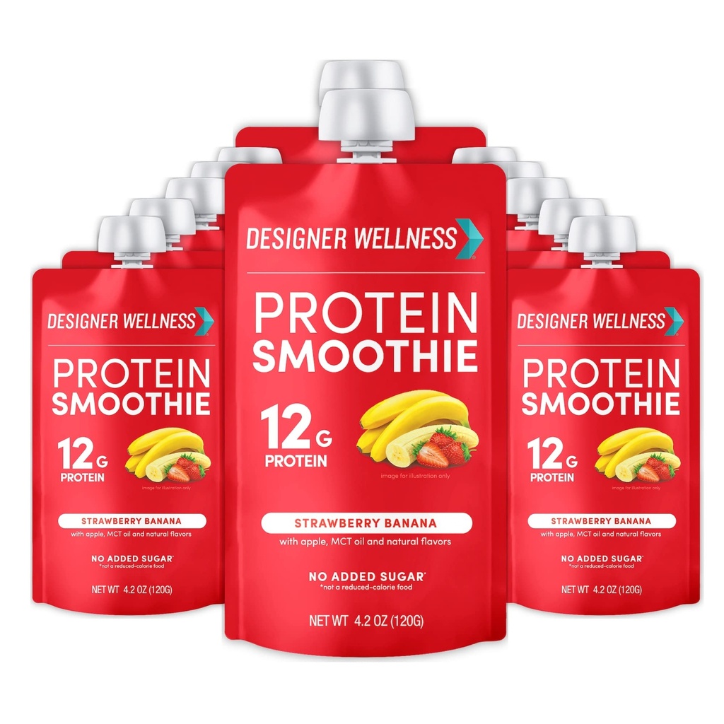 Designer Wellness Protein Smoothie, Strawberry Banana, 12g Whey Protein, Real Fruit Smoothie Snack, No Added Sugar, Low Carb, Gluten-Free, Shelf-Stable Protein Pouches with MCT Oil - 12 Pack