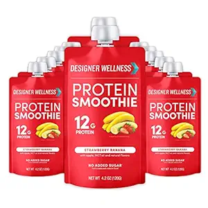 Designer Wellness Protein Smoothie, Real Fruit, 12g Protein, Low Carb, Zero Added Sugar, Gluten-Free, Non-GMO, No Artificial Colors or Flavors, Strawberry Banana, 12 Count