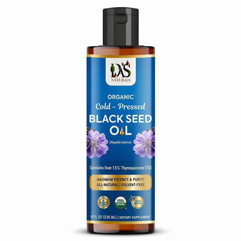 Organic Black Seed Oil Cold-Pressed 8 fl oz | Unrefined Nigella Sativa, 3 times Thymoquinone (Over 1.5%) | 100% Pure and Natural Black Cumin Seed Oil, Omega 3 6 9, Non-GMO, Vegan ~ Das Naturals