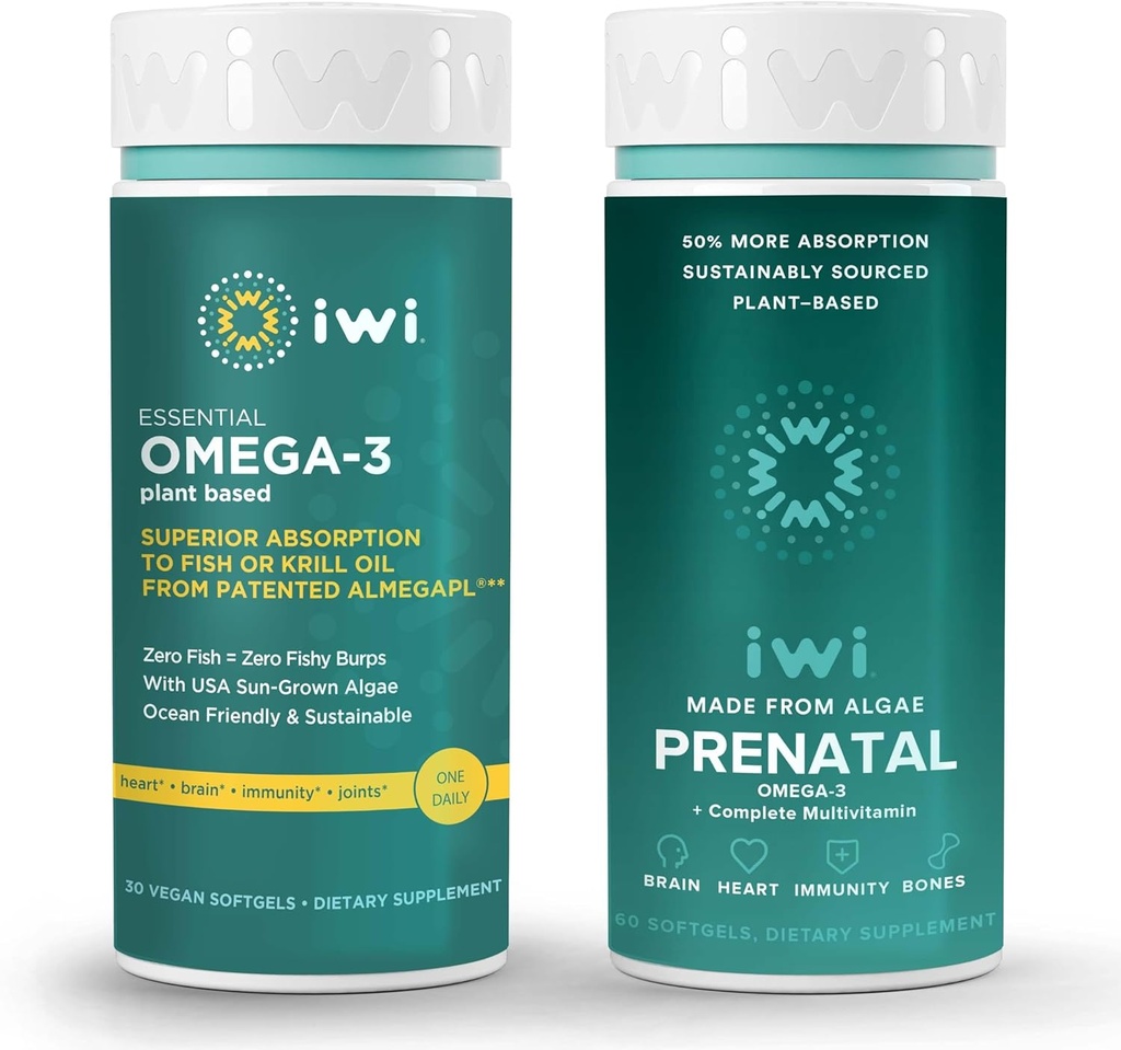 Iwi Omega-3 Essential & Prenatal Multivitamin Bundle, 30 εξυπηρετήσεις, Vegan Plant-Based Algae Omega 3, Krill & Fish Oil Εναλλακτική, Χωρίς Αλιευτική Επίγευση