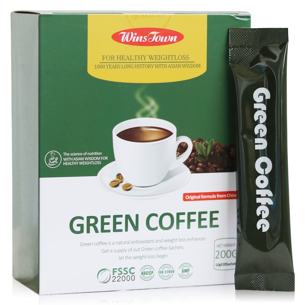 Wins Town Slimming Green Coffee, 200g Natural Diet Supplement for Healthy Weightloss, 20 Sachets, Powder Form