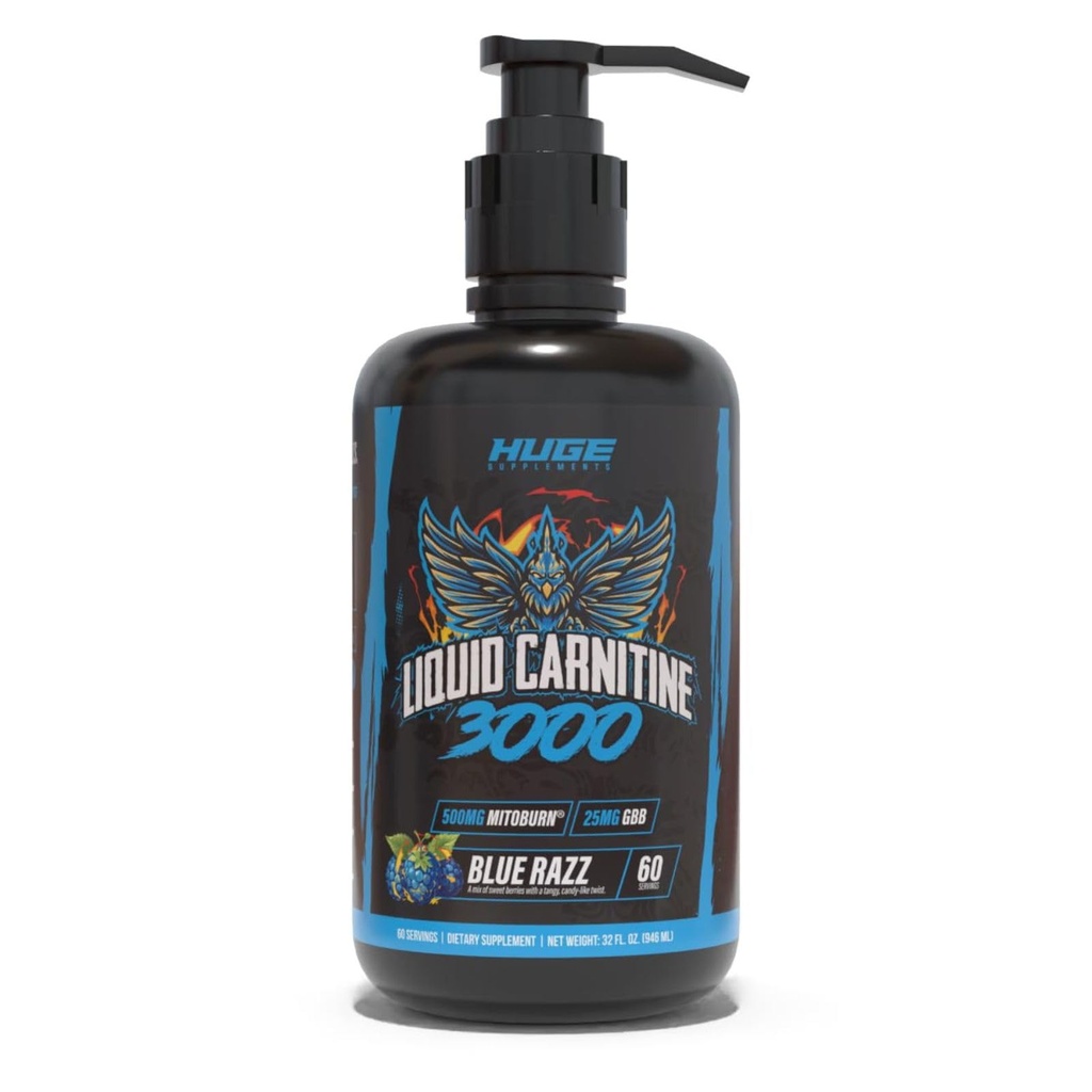 Huge Supplements Liquid L-Carnitine 3000, Superior Potency Infused with 500mg MitoBurn & 25mg GBB, Premium Stim-Free Thermogenic Fat Burner & Energy Boost, Convenient Pump Top, 32 Oz (60 Servings)