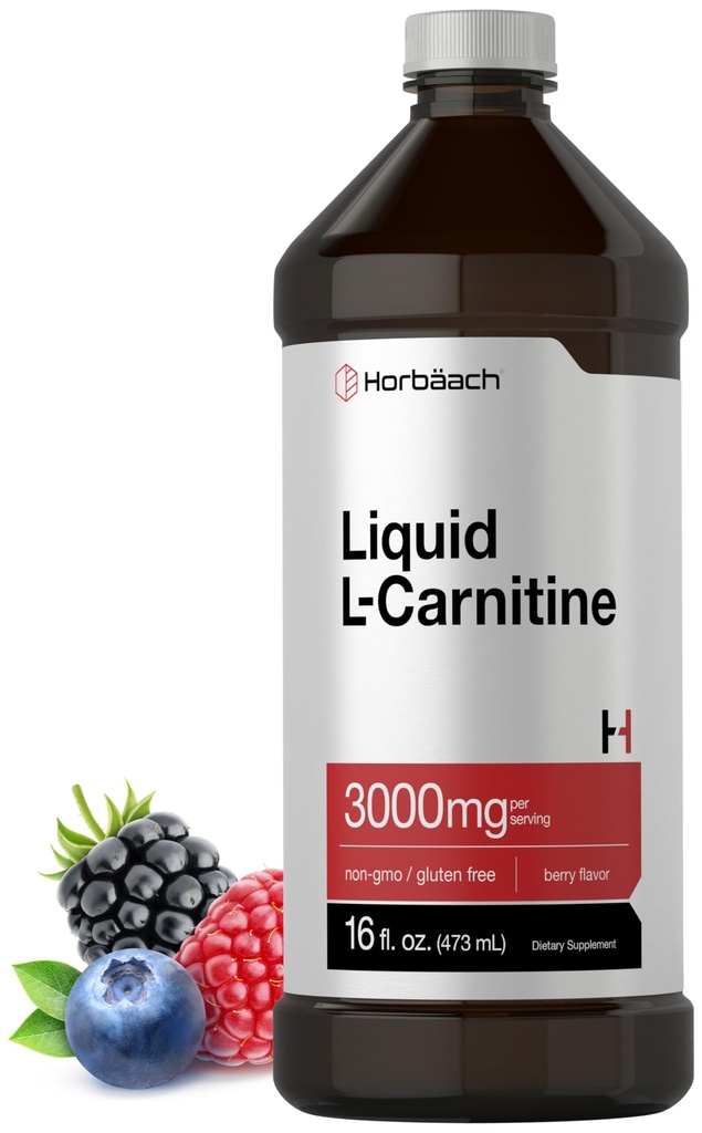 Horbäach L-Carnitine Liquid 3000 mg | 16 oz | Berry Flavor | Maximum Strength Supplement | for Men & Women | Vegetarian Non-GMO, and Gluten Free