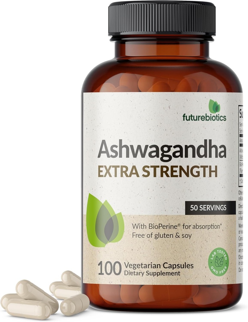 Futurebiotics Ashwagandha Extra Strength Stress & Mood Support with BioPerine - Μη ΓΤΟ Formula, 100 Χορτοφαγικές Κάψουλες