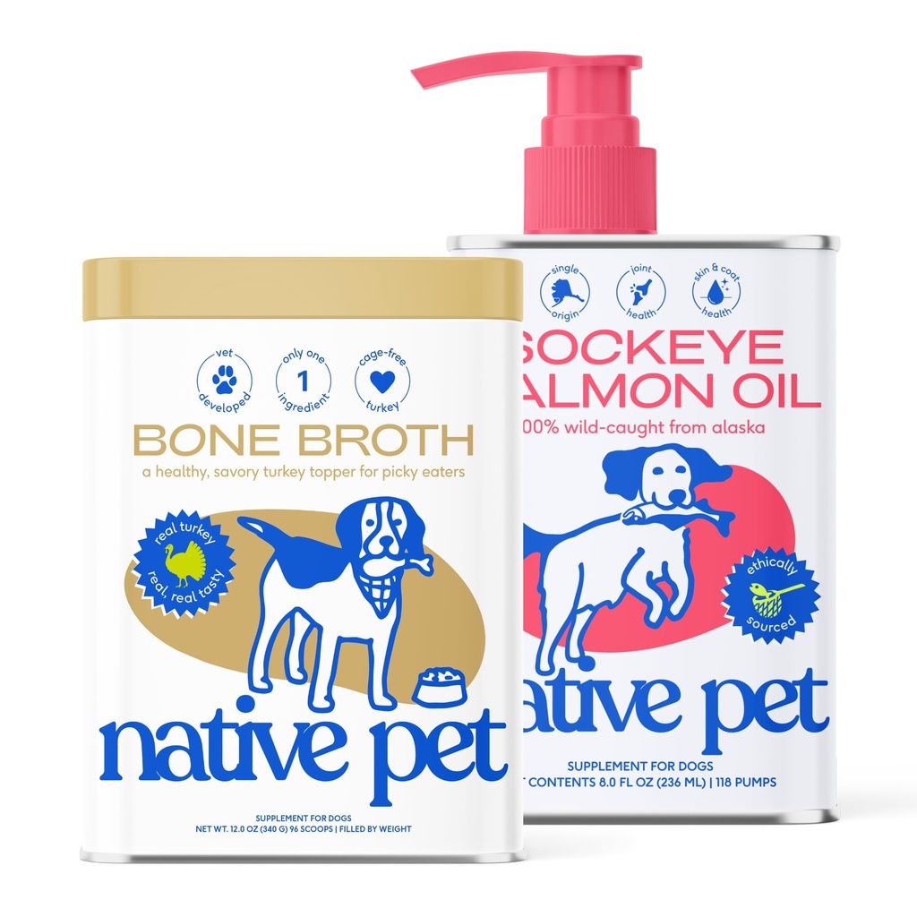 Native Pet Turkey & Salmon Health Boost: Turkey Bone Broth Powder for Dogs (96 Servings) & Sockeye Salmon Oil for Dogs (8 oz.) - Promotes Healthy Skin, Shiny Coat, & Strong Joints & Pet Food Topper