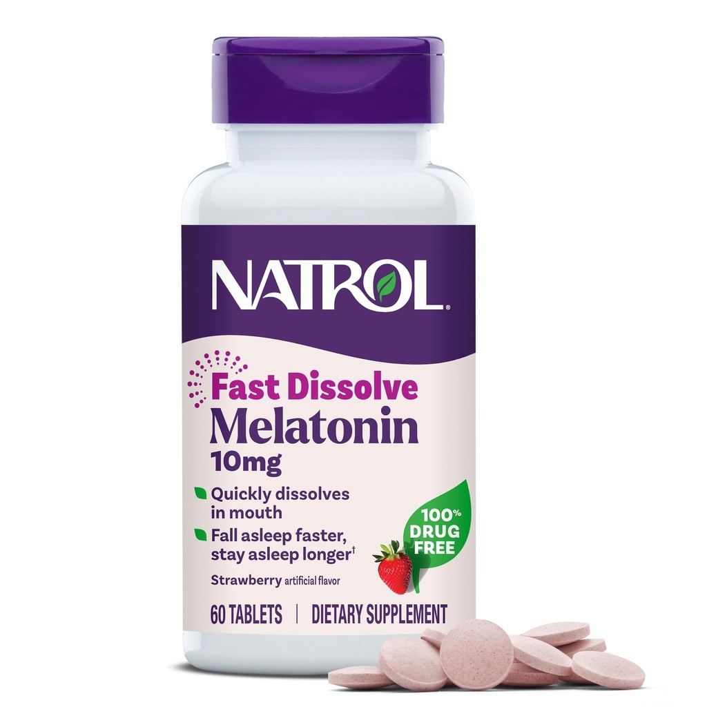 Natrol Melatonin 10mg Ταμπλέτες Γρήγορης Διάλυσης - Φράουλα Γεύση, 60 Count, Υποστήριξη ύπνου, Γρήγορη Διάλυση Μελατονίνης για Ενήλικες, 60-Day Supply