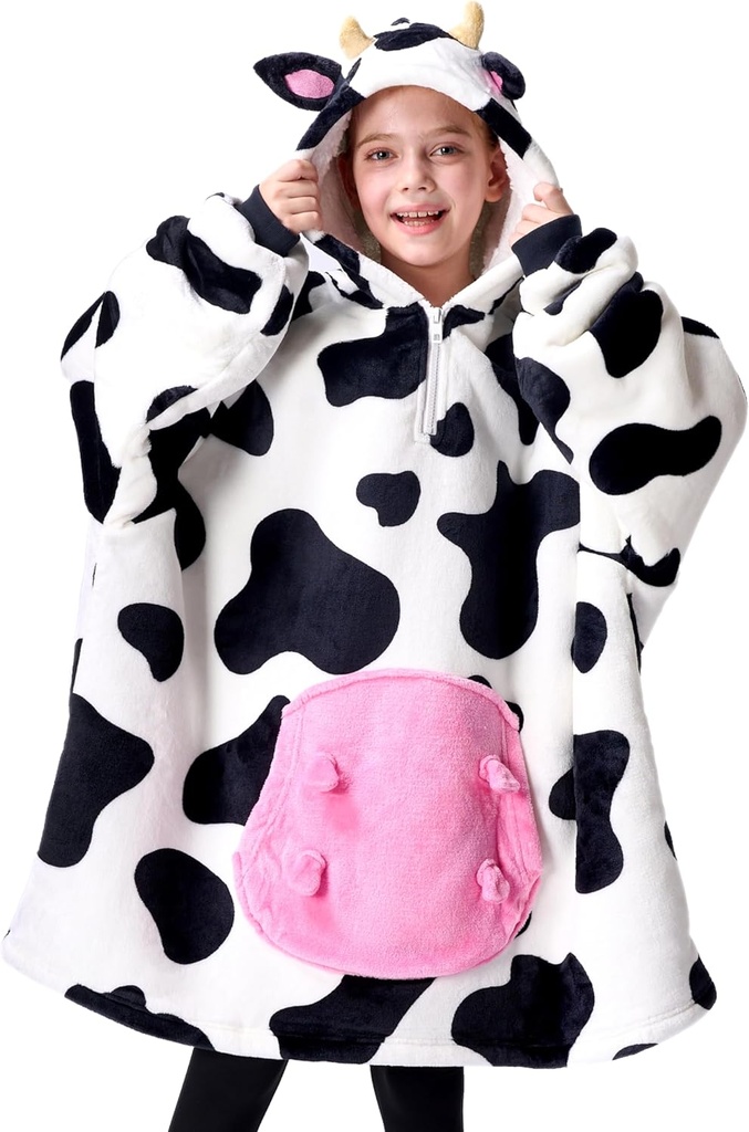 Giggling Getup Φορητή Κουβέρτα Hoodie για τα κορίτσια και τα αγόρια Sherpa Fleece Hooded Κουβέρτα Sweatshirt Ζεστό Cozy Sherpa Wearable Πέτα Υπερμεγέθη Hoodie με Giant Pocket & Sleeves για τα παιδιά αγελάδα