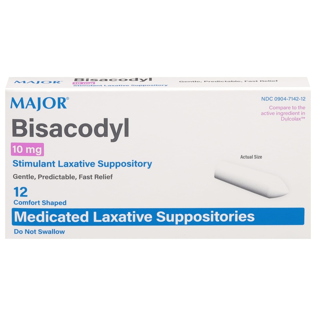 MAJOR Bisacodyl, 10 mg - Stimulant Laxative Suppository - Gentle, Predictable, Fast Relief - 12 Comfort-Shaped Medicated Laxative Suppositories
