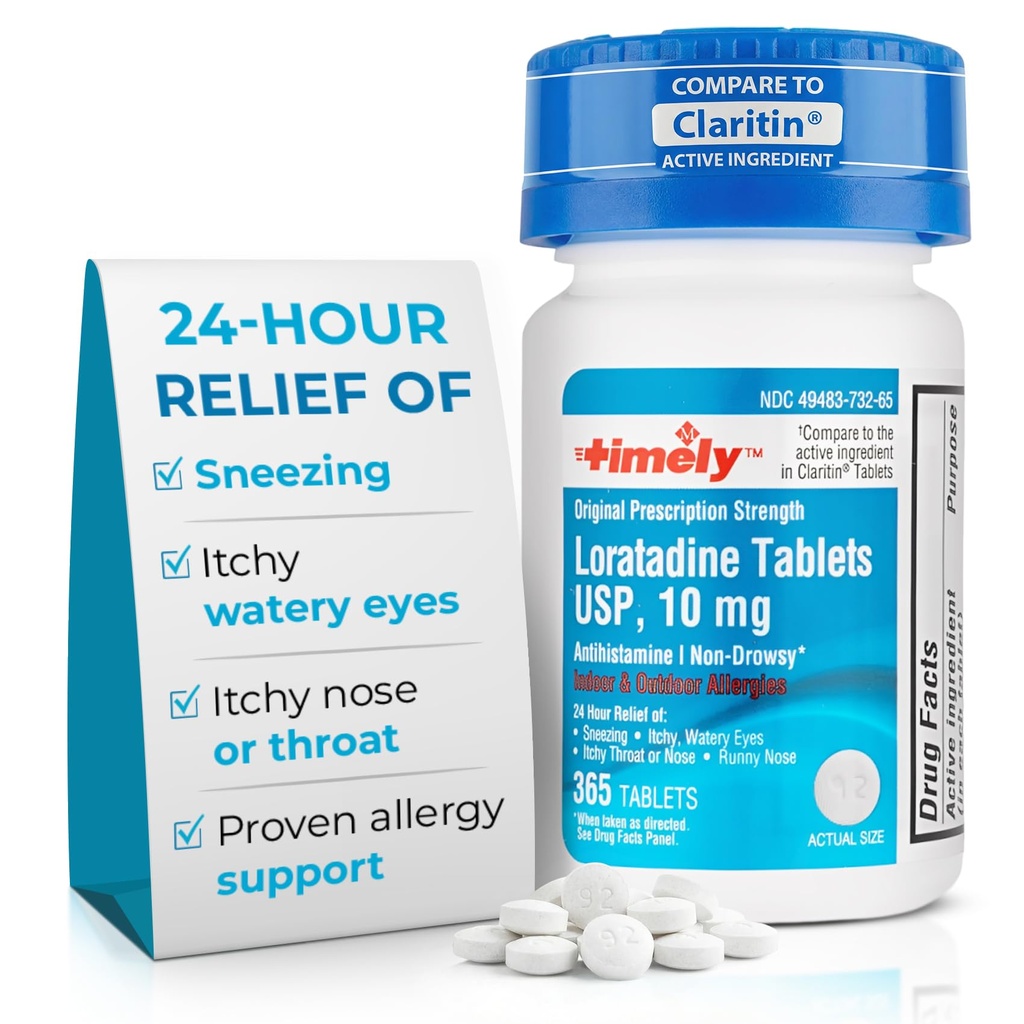 TIME-Cap Labs Loratadine Tablets USP 10mg, Non-Drowsy Antihistamine, 24 Hour Allergy Relief, 365 Tablets