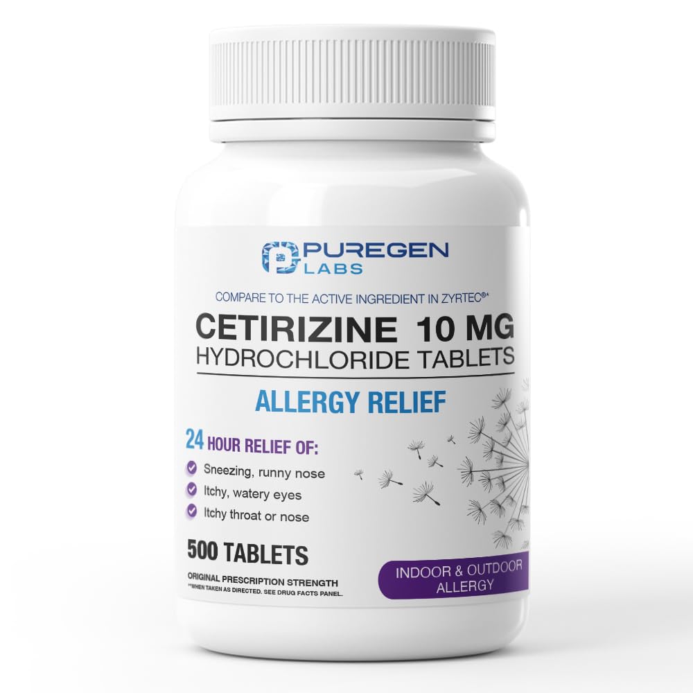 Puregen Labs 24-Hour Allergy Relief, Cetirizine 10mg 500 Tablets – 24 Hour Non-Drowsy Antihistamine Allergy Medicine for Runny Nose, Sneezing, Itchy, Watery Eyes