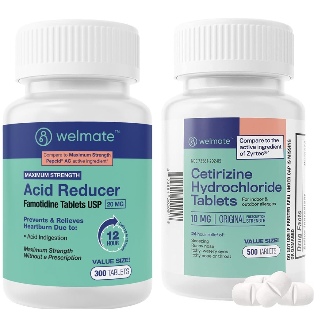 WELMATE Allergy & Stomach Relief Bundle | Cetirizine 10mg + Famotidine 20mg | 24hr Allergy & 12hr Heartburn Support | 500 + 300 Tablets