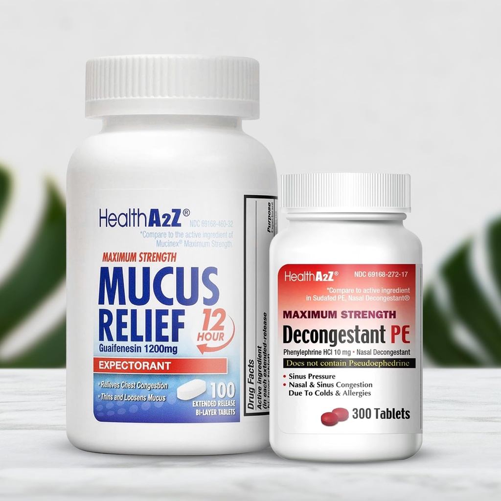 HealthA2Z Decongestant PE & Mucus Relief Maximum Strength | Phenylephrine HCl 10mg 300 Tablets | Guaifenesin 1200mg 100 Tablets