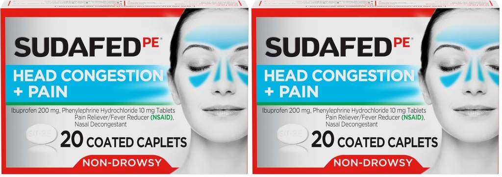 Sudafed PE Non-Drowsy Head Congestion + Pain Relief Caplets with Ibuprofen 200 mg & Phenylephrine HCl 10 mg, Nasal Decongestant & NSAID Pain Reliever & Fever Reducer, 20 ct (Pack of 2)