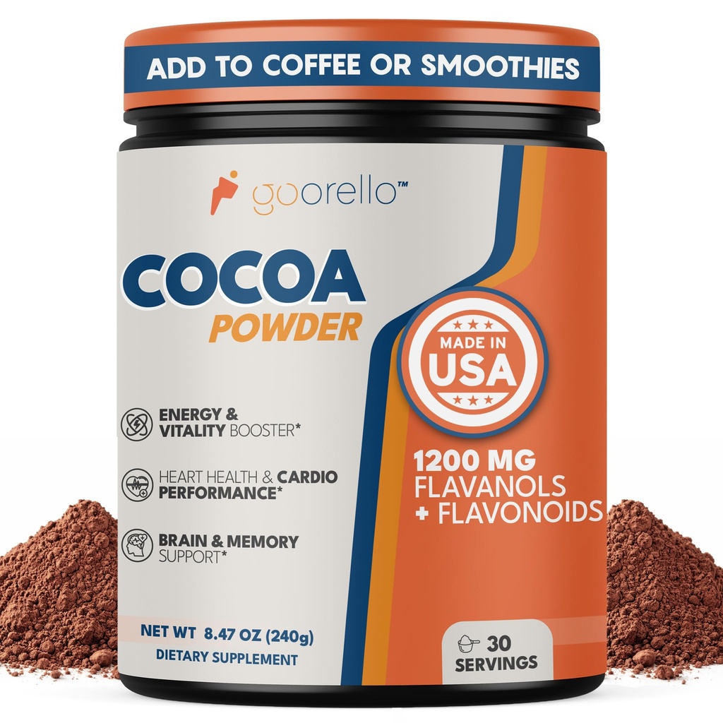 High Flavanol Cocoa Powder Supplement, 1200mg Cocoa Flavanols & Flavonoids, 30 Servings for Support Heart Health, Blood Flow & Nitric Oxide, Dark Cocoa Flavor