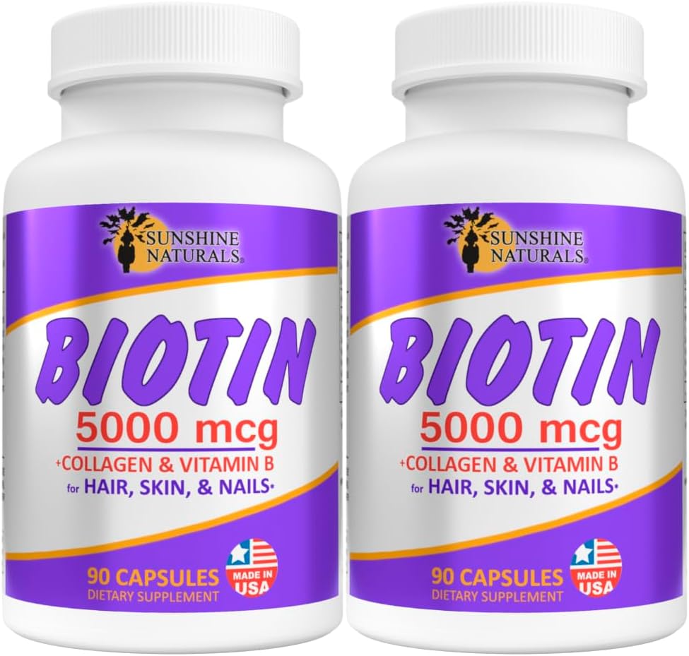 Sunshine Naturals Biotin Dietary Supplement. for Healthier Skin, Thicker Hair, Nail Growth. Κολλαγόνο, Βιταμίνη Α, Β για Απώλεια μαλλιών, Ομορφιά, Ανανέωση κυττάρων, Scalp Υγεία. 5000 mcg. 90 Κάψουλες. Συσκευασία των 2