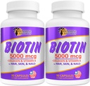 Sunshine Naturals Biotin Dietary Supplement. for Healthier Skin, Thicker Hair, Nail Growth. Κολλαγόνο, Βιταμίνη Α, Β για Απώλεια μαλλιών, Ομορφιά, Ανανέωση κυττάρων, Scalp Υγεία. 5000 mcg. 90 Κάψουλες. Συσκευασία των 2