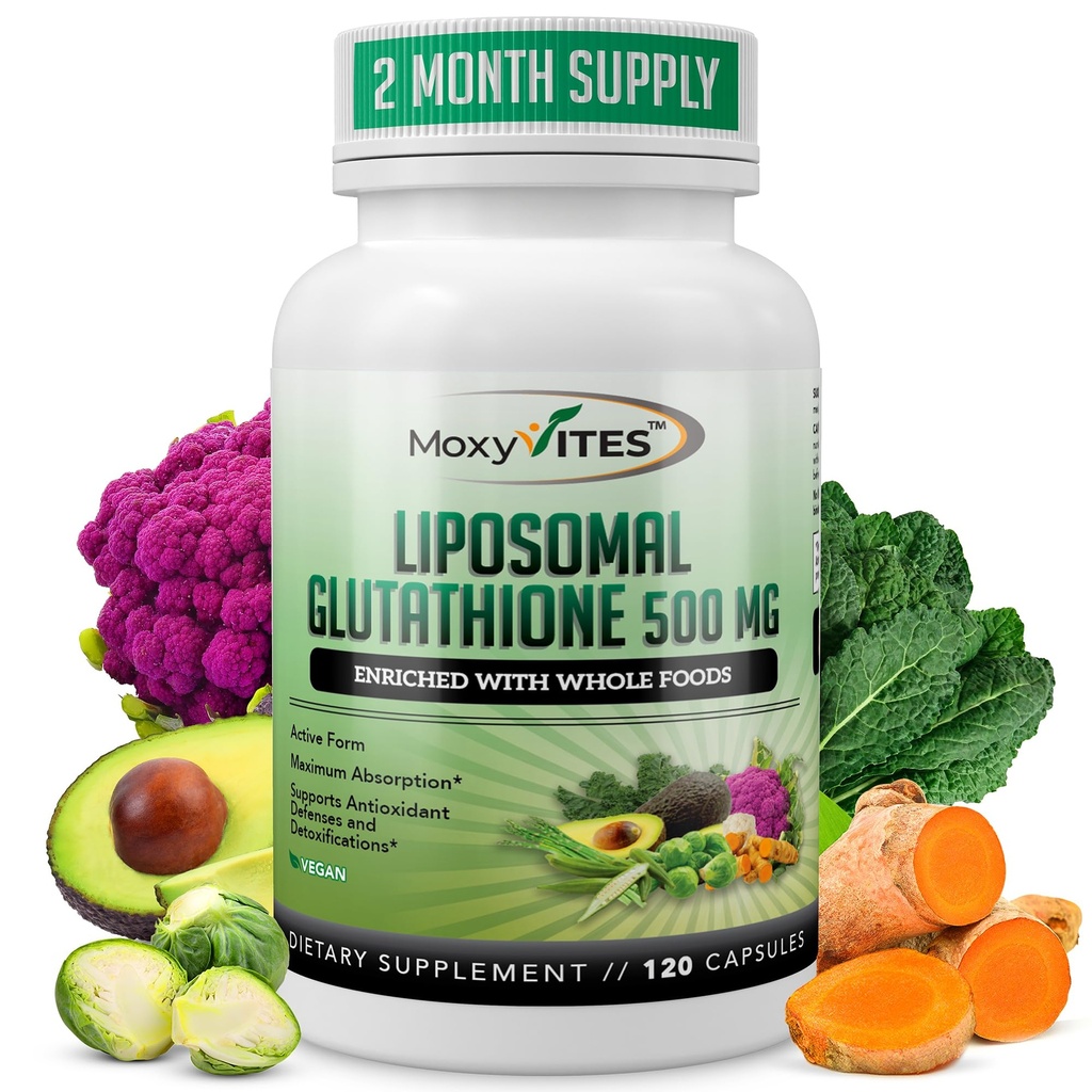 Liposomal Glutathione Supplement 500mg - Pure L Glutathione (GSH) Reduced - Active Form, Made with Organic Whole Food, Non GMO Phospholipid Complex - Antioxidant - 120 Count