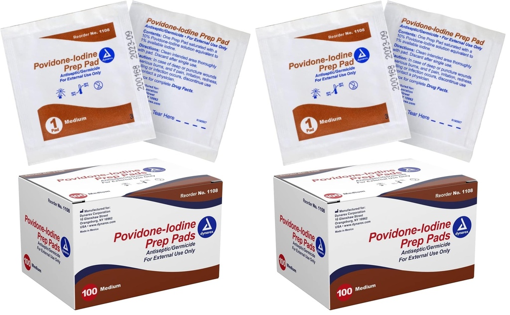Dynarex Povidone-Iodine Prep Pads, Saturated with Povidone Iodine 10%, Medical-Grade Antiseptic Wipes used for Prepping prior Minor Procedures, Medium, 1 Case of 100 Prep Pads (Pack of 2)
