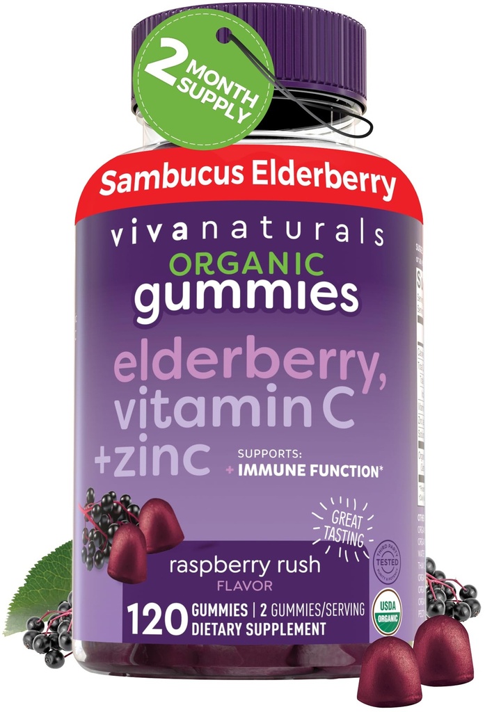 Viva Naturals Organic Sambucus Elderberry Gummies for Adults (120 Count) - 3in1 Black Elderberry Vitamin C και ψευδάργυρος Ανοσοποιητική υποστήριξη Gummies, Chewable Elderberry Συμπληρώματα, ψευδάργυρος Ανοσία Gummies