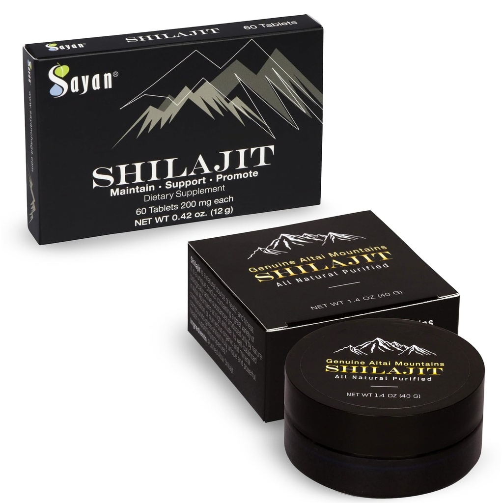 Sayan Shilajit Pure Organic Black Resin Mineral Tablets & Highly Potent Resin Bundle - Organic Fulvic Acid & Trace Minerals Supplement - Immune Support, Detox, Energy & Memory Boost (2 Month Supply)