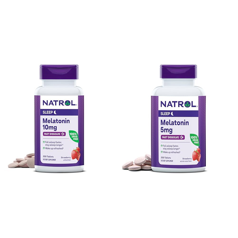 Natrol Melatonin 10mg 200 Tablets & 5mg 200 Tablets Strawberry-Flavored Fast-Dissolve Sleep Support Dietary Supplement Bundle