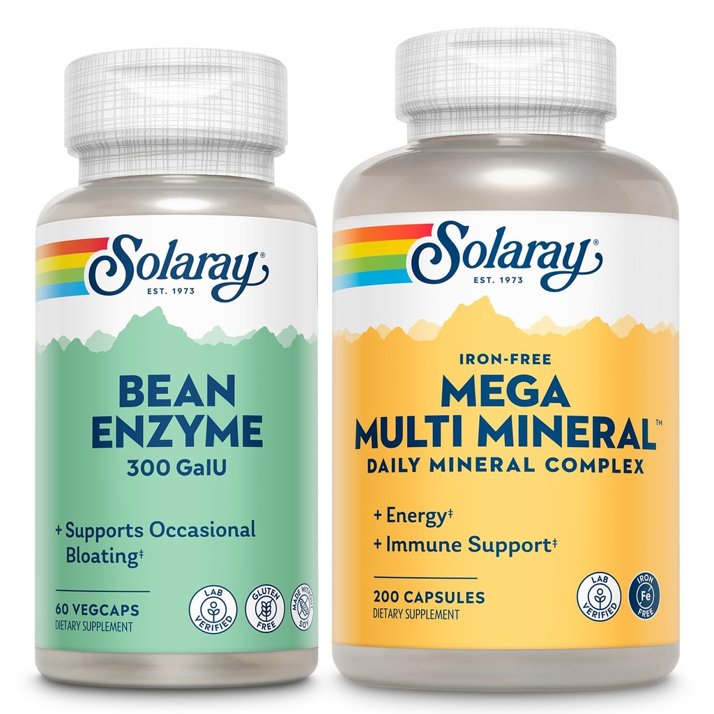 SOLARAY Bean Enzyme and Mega Multi Mineral - Digestive Enzymes for Women and Men Support Occasional Bloating - Iron Free Mineral Supplement w/Trace Minerals, Electrolytes, Magnesium, Zinc, 60/50 Serv