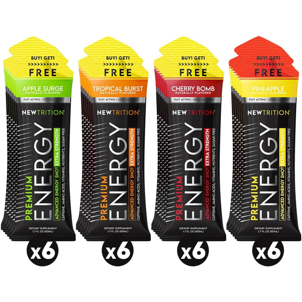 NewTrition® Extra Strength Energy Shots 1.7 fl oz - 250mg Caffeine with B Vitamins & Amino Acids, Sugar-Free Zero Calorie Vitamin Energy Drink for Focus & Endurance (Pack of 24, 4 Flavors - Mixed 2)
