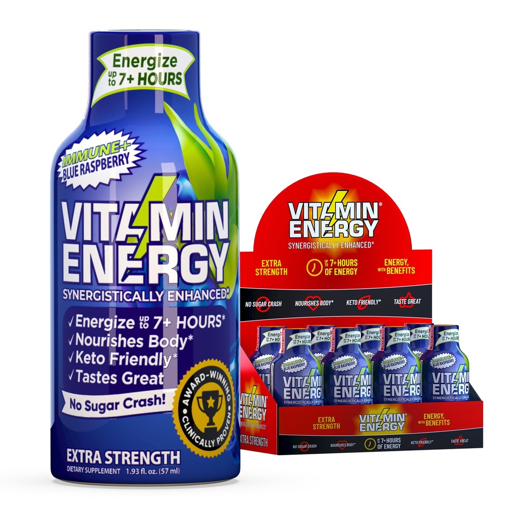 Vitamin Energy Immune+ Extra Strength Energy Shot Blue Raspberry 8 Pack, 260mg Natural Caffeine, B-Vitamins, Citicoline, Green Tea, Immunity & Focus Support, Zero Sugar, Gluten-Free 1.93 fl oz
