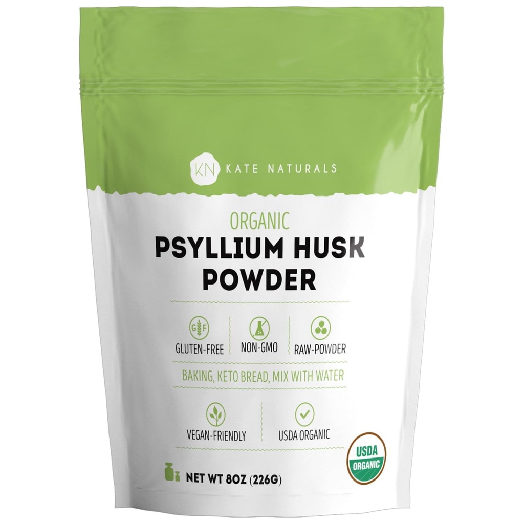 Kate Naturals Psyllium Husk Powder for Fiber, Digestion & Baking Bread. Mixes Easily with Juice & Smoothies (8oz, Organic, Gluten Free, Fine Ground)