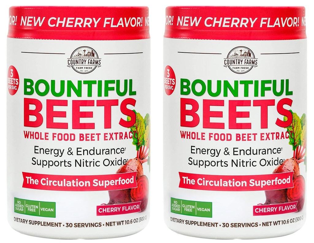 Country Farms Bountiful Beets Powder, Wholefood Beet Extract Superfood, Natural Nitric Oxide Booster, Helps Support Healthy Circulation and Promote Energy, Natural Pump, Cherry Flavor, 60 Servings