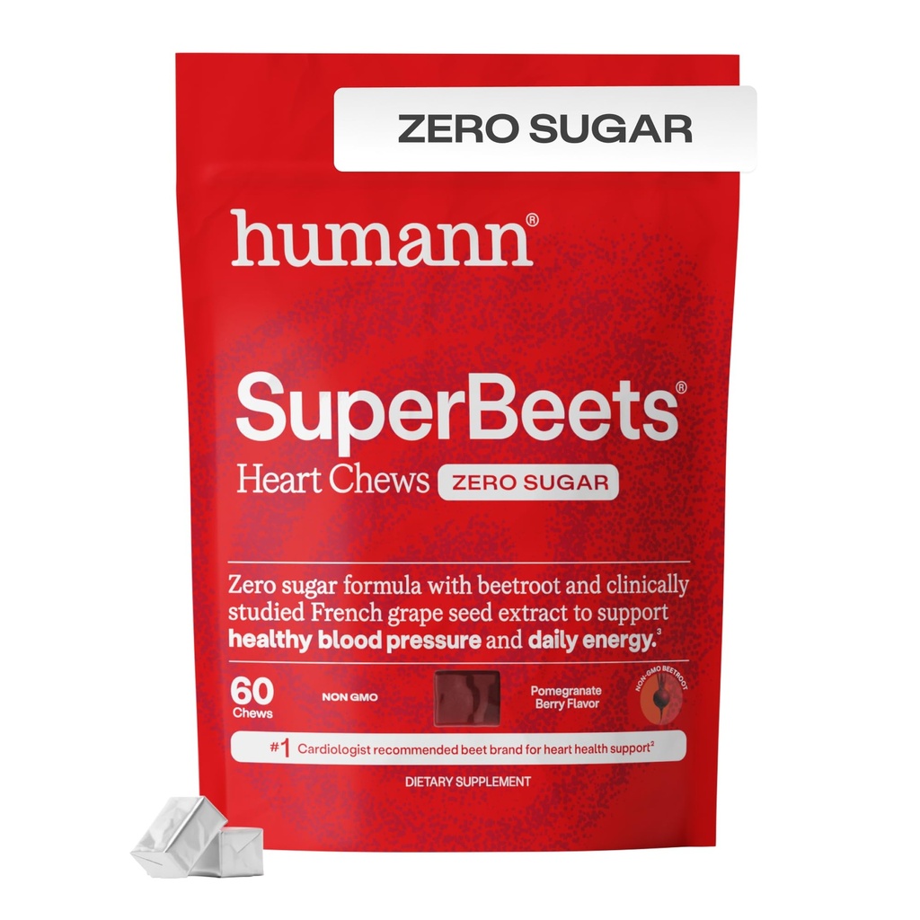 Humann SuperBeets Heart Chews Zero Sugar, Beet Root Supplement, Energy, Nitric Oxide and Blood Pressure Support, Grape Seed Extract & Non-GMO, Heart Health, Pomegranate Berry Flavor, 60 Count