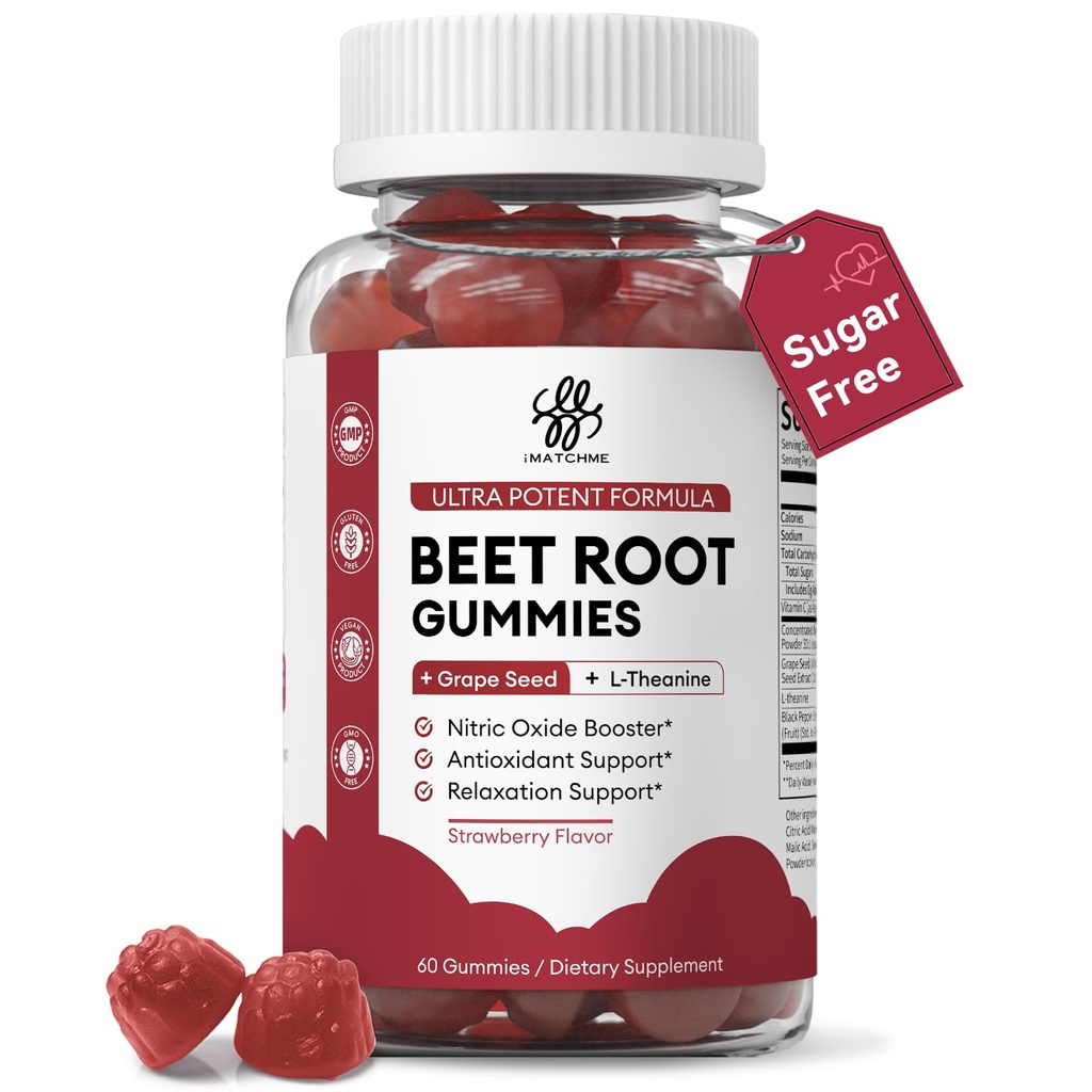 Beet Root Gummies – Blood Pressure & Cardiovascular Support, Beetroot Gummies for Heart Health & Circulation, Nitric Oxide Beets with Grape Seed & L-Theanine for Calm Mood, Sugar-Free Vegan, 60 Chews