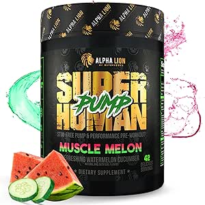 ALPHA LION Superhuman Pump Pre Workout Powder, Caffeine Free & Stim Free Preworkout Supplement, Nitric Oxide Booster, Muscle Gainer, Energy & Focus (42 Servings, Muscle Melon Flavor)