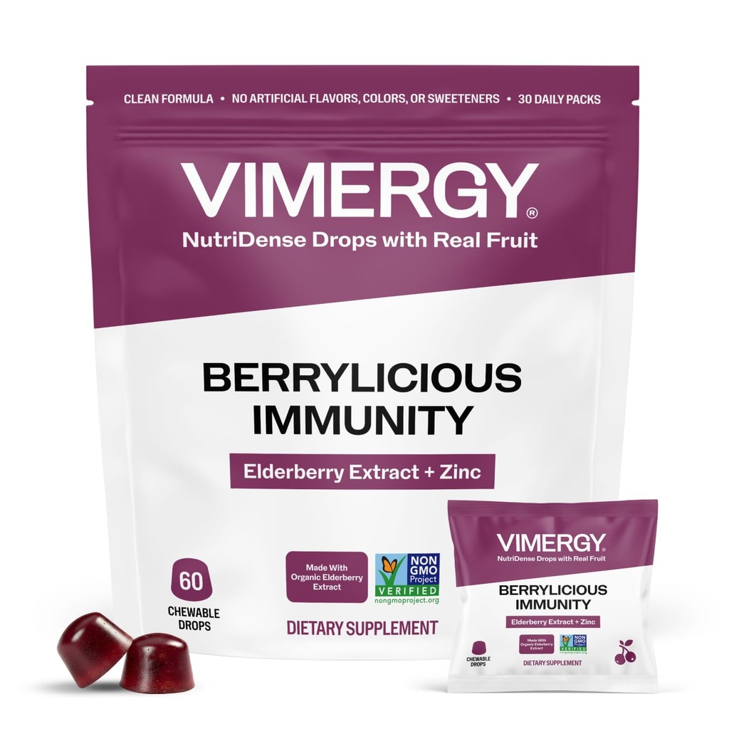 Vimergy NutriDense Berrylicious Immunity* Chewables (500mg Elderberry Extract & 7.5mg Zinc Sulfate per Serving) Vegan, No Artificial Sweeteners, Gluten-Free, Immune Support, 30 Servings (60 Count)