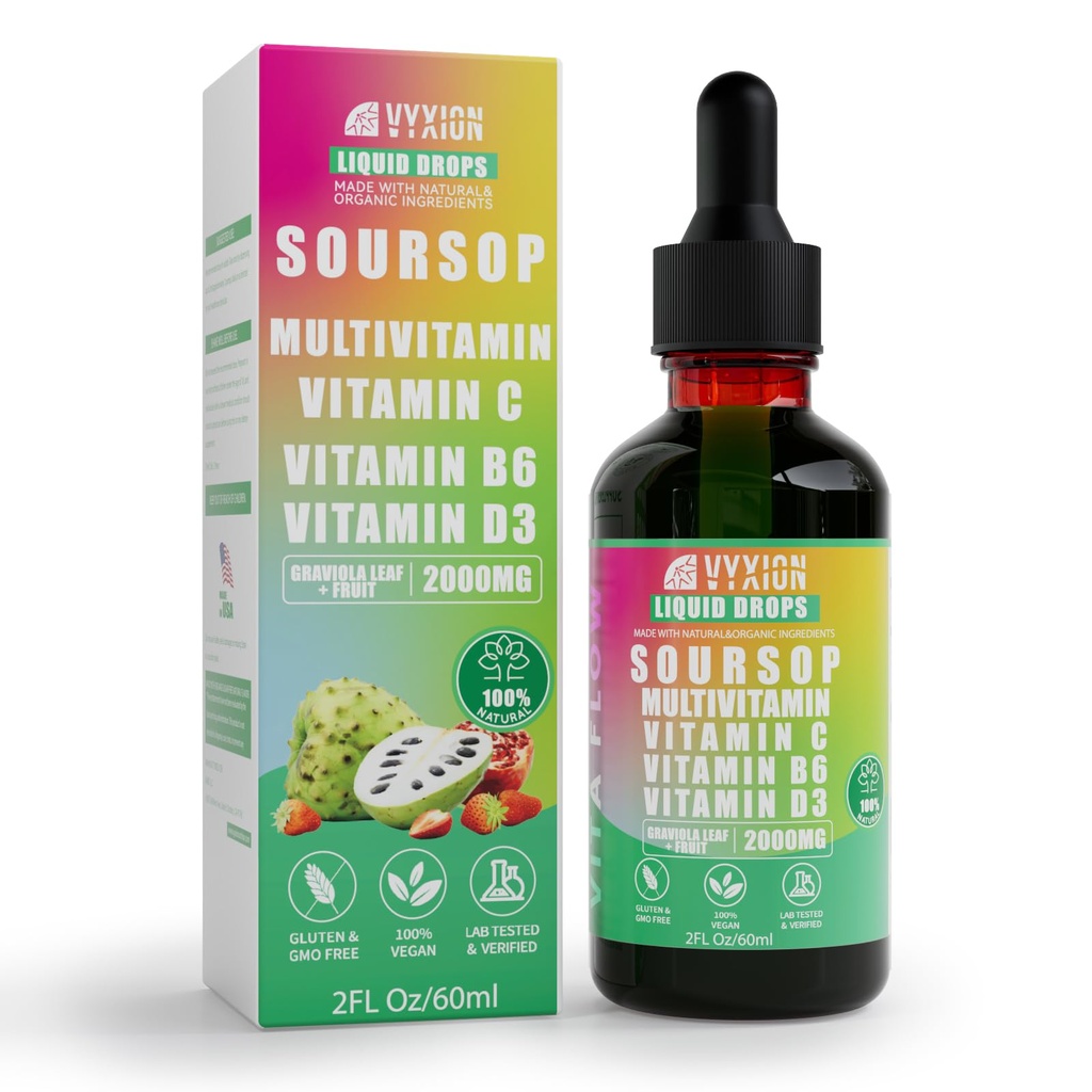 Vyxion Soursop Bitters Liquid, Soursop Multivitamin Drops - 2000mg 10:1 Extract from Fruit & Leaf, Vitamin B6, C, D3, Graviola Liquid Drops | Vegan, Non-GMO | 2 Fl Oz