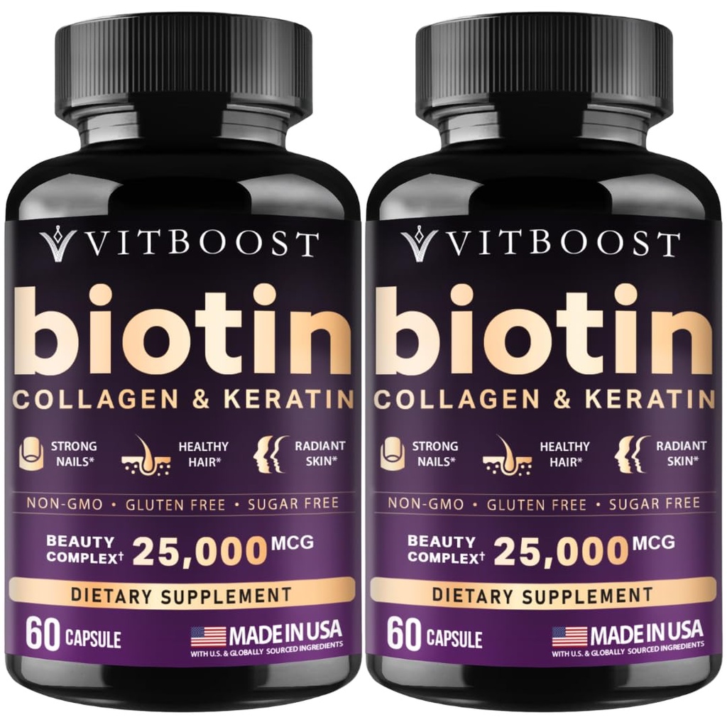 Vitboost Biotin with Hyaluronic Acid, Collagen and Keratin – 25000 mcg Hair Growth Vitamins for Men and Women – Nails and Skin, USA Made - Third Party Tested, B1, B2, B3, B6, B7 Complex - 120 Capsules