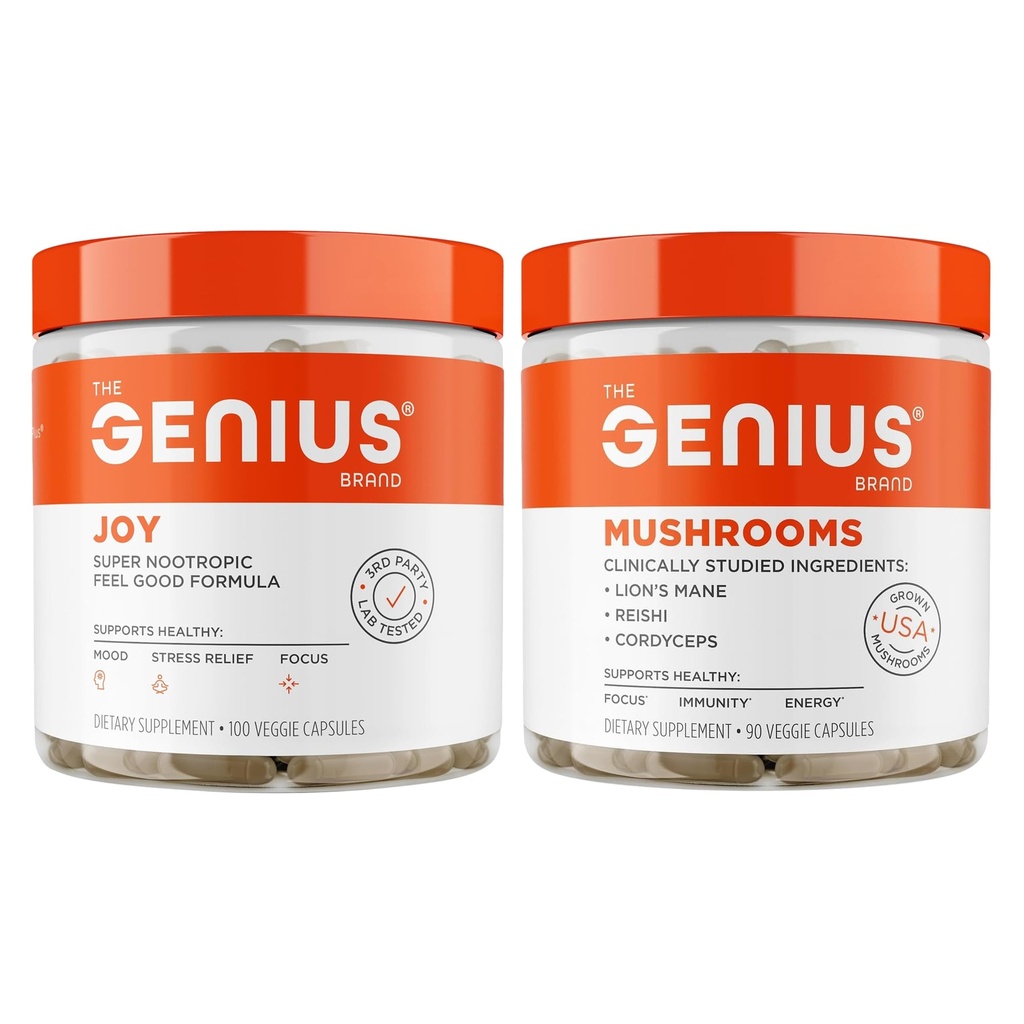 Genius Joy, Nootropic Mood Enhancer Supplement + Genius Mushrooms- Lion's Mane, Cordyceps & Reishi