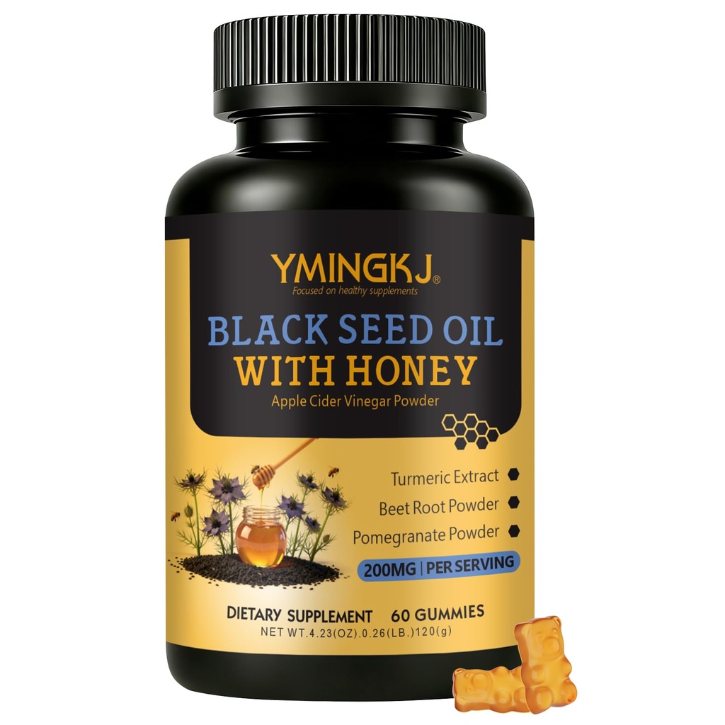 Black Cumin Seed Oil Gummies with Biotin & ACV, Vitamin C, Turmeric & Honey - Supports Immune System, Radiant Skin & Digestive Wellness - Vegan, Pectin-Based - 60 Gummies (30-Day Supply)