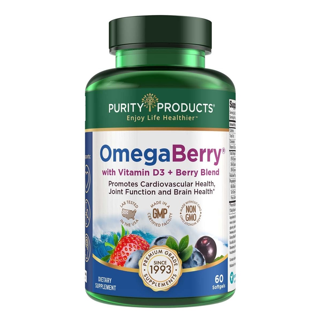 Προϊόντα καθαρότητας OmegaBerry Fish Oil με βιταμίνη D3 και Organic Acai - 1250mg Συμπυκνωμένο Μοριακά Αποσταγμένο Εξαιρετικά Καθαρό Ω-3 Fish Oil, 500mg DHA + 650mg EPA - 60 Soft Gels - 30 ημέρες προσφοράς από