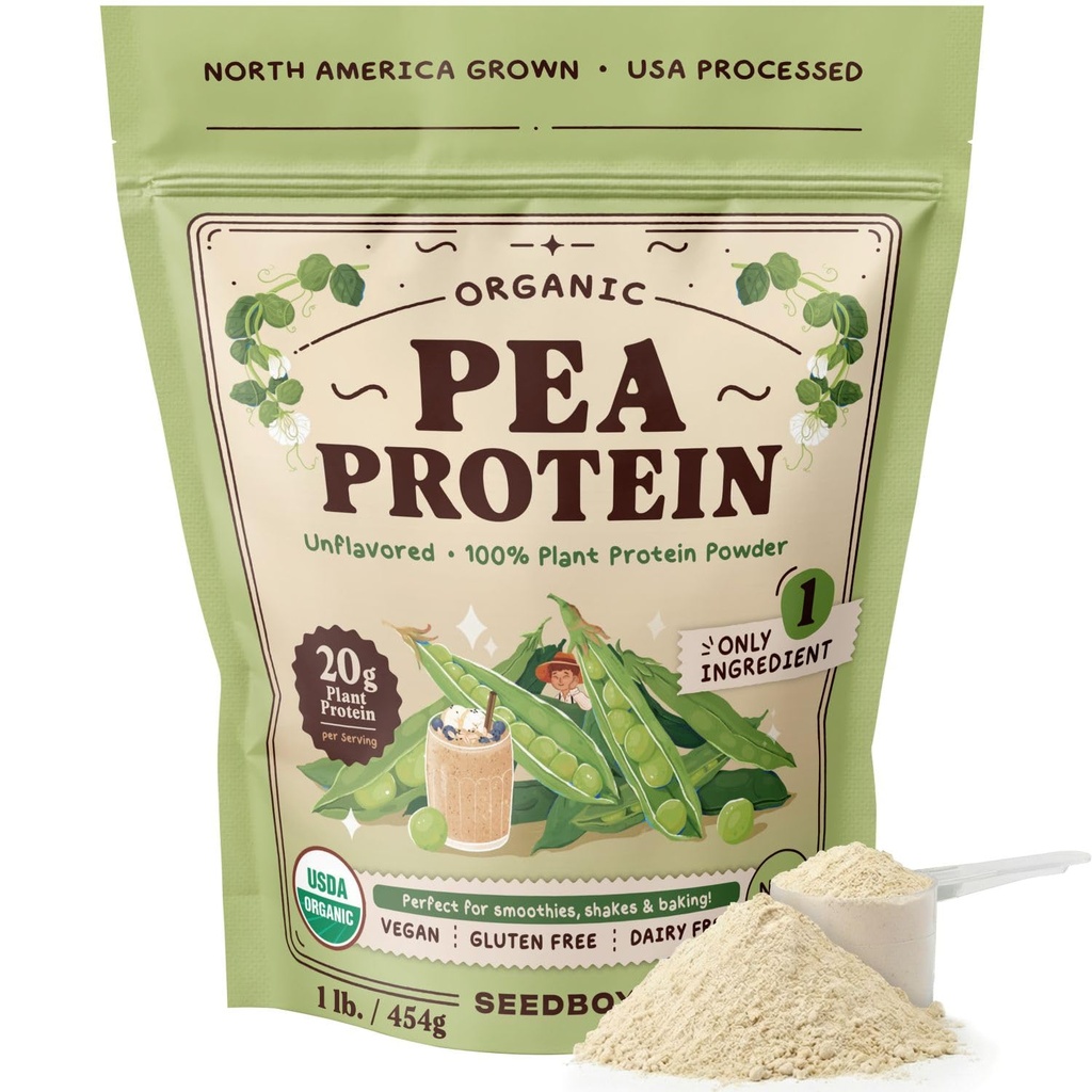 Seedboy Organic Pea Protein Powder Unflavored, 1 lb, 20g Plant-Based Protein, USA Processed & USA/Canada Grown, Vegan, Dairy-Free, Soy-Free, Gluten-Free, Glyphosate-Free, Unsweetened
