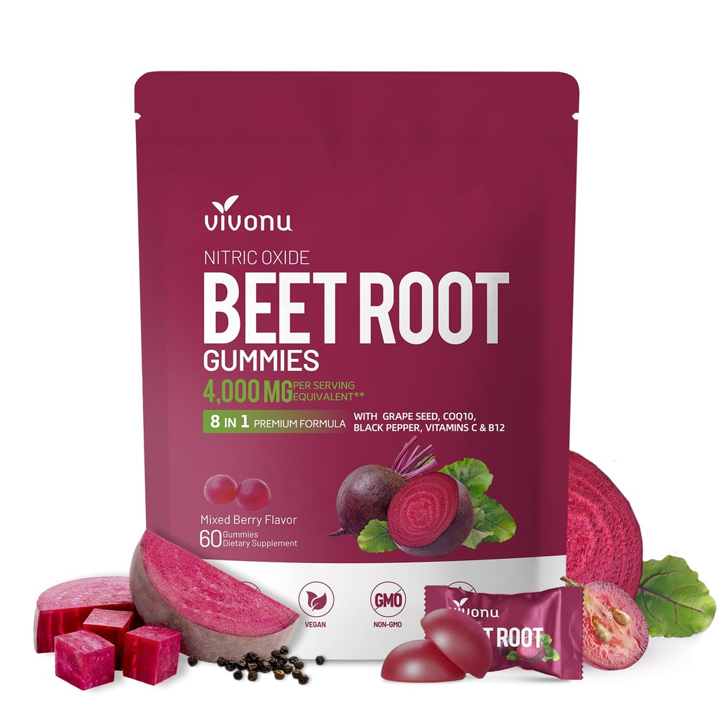 VivoNu Super Beetroot Gummies 8-in-1 Premium Energy Supplement with CoQ10, Beetroot Extract, Grape Seed Extract, Black Pepper, Vitamins C & B12, L-Arginine & L-Citrulline 60ct