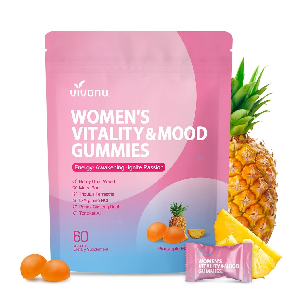 VivoNu Women Mood Gummies, Pineapple Flavor,Vegan,Non-GMO&Sugar-Free,60 Count