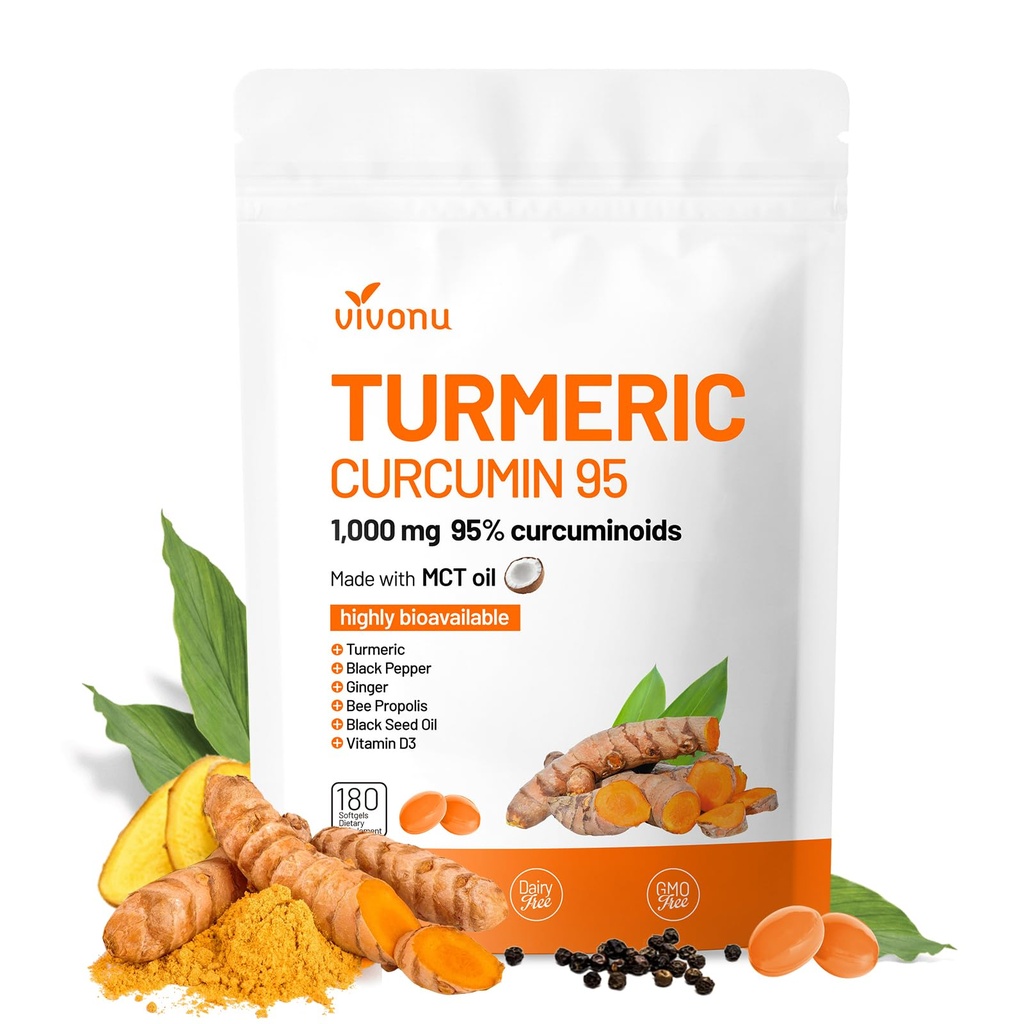 VivoNu Turmeric Curcumin Supplement with Black Pepper Capsules, 1000mg Pure Turmeric Curcumin 95% Curcuminoids Softgels, Enhanced Absorption, Joint Support, Non-GMO, Gluten-Free